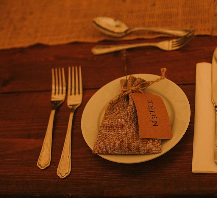 Place Setting with Craft Tag &amp; Burlap Bag Wedding  Favour | Rustic Barn &amp; Tipi Wedding at High House Farm Brewery, Northumberland | Maureen du Preez Photography