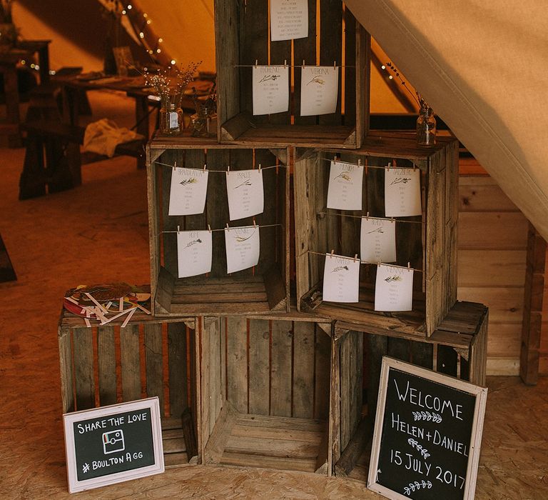 Wooden Crate Table Plan Wedding Decor | Rustic Barn &amp; Tipi Wedding at High House Farm Brewery, Northumberland | Maureen du Preez Photography