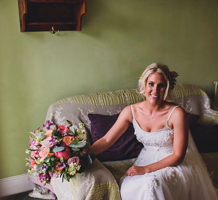 Bride in MiaMia Spagetti Strap Bridal Gown | DIY Bright Family Wedding at Plas Glansevin in Carmarthenshire, Wales |  O&amp; C Photography