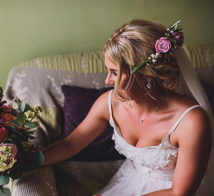 Bride in MiaMia Spagetti Strap Bridal Gown | DIY Bright Family Wedding at Plas Glansevin in Carmarthenshire, Wales |  O&amp; C Photography