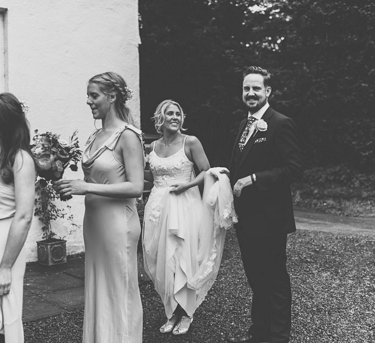 Bridal Entrance in MiaMia Spagetti Strap Bridal Gown | DIY Bright Family Wedding at Plas Glansevin in Carmarthenshire, Wales |  O&amp; C Photography