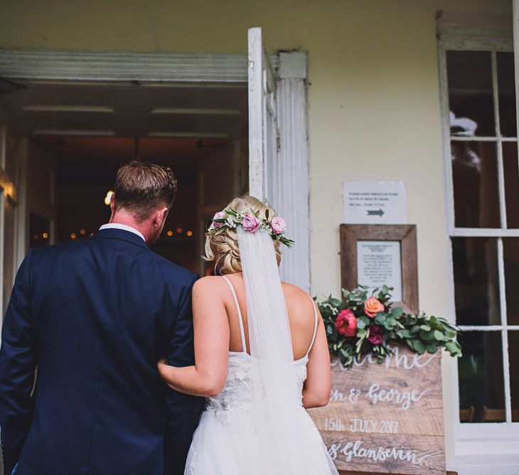 Bridal Entrance in MiaMia Spagetti Strap Bridal Gown | DIY Bright Family Wedding at Plas Glansevin in Carmarthenshire, Wales |  O&amp; C Photography