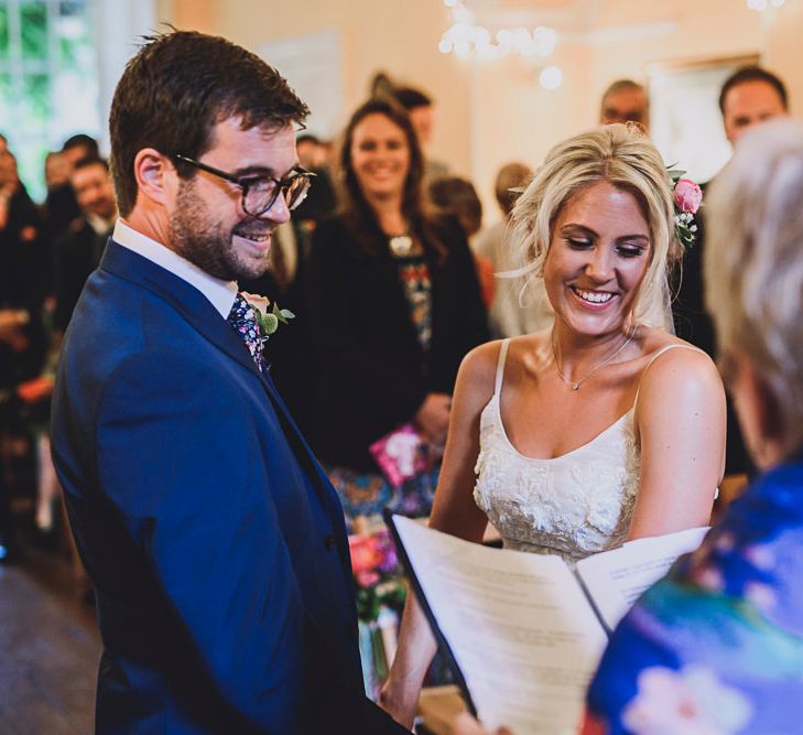 Wedding Ceremony | Bride in MiaMia Spagetti Strap Bridal Gown | Groom in Next 3-piece Suit | DIY Bright Family Wedding at Plas Glansevin in Carmarthenshire, Wales |  O&amp; C Photography