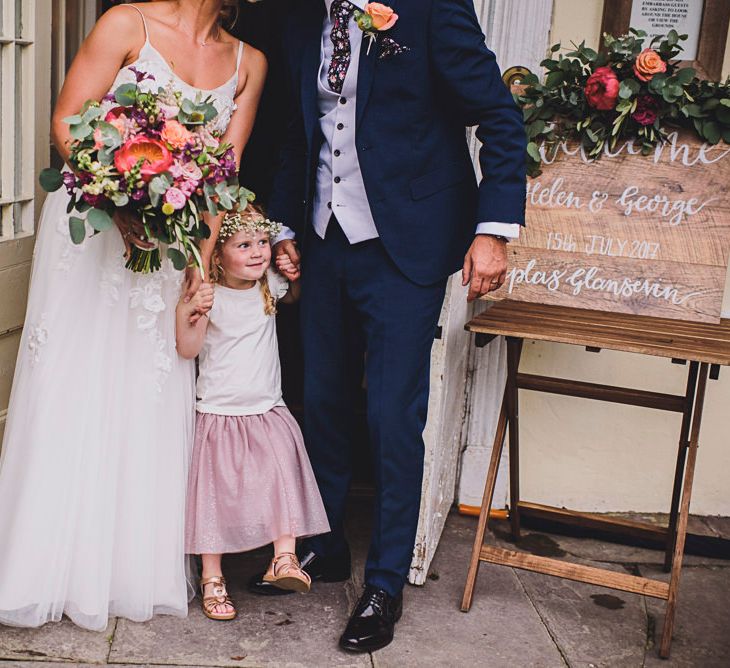 Family Portrait | Bride in MiaMia Spagetti Strap Bridal Gown | Groom in Next 3-piece Suit | DIY Bright Family Wedding at Plas Glansevin in Carmarthenshire, Wales |  O&amp; C Photography