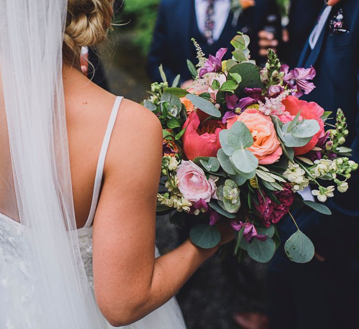 Bride in MiaMia Spagetti Strap Bridal Gown | DIY Bright Family Wedding at Plas Glansevin in Carmarthenshire, Wales |  O&amp; C Photography