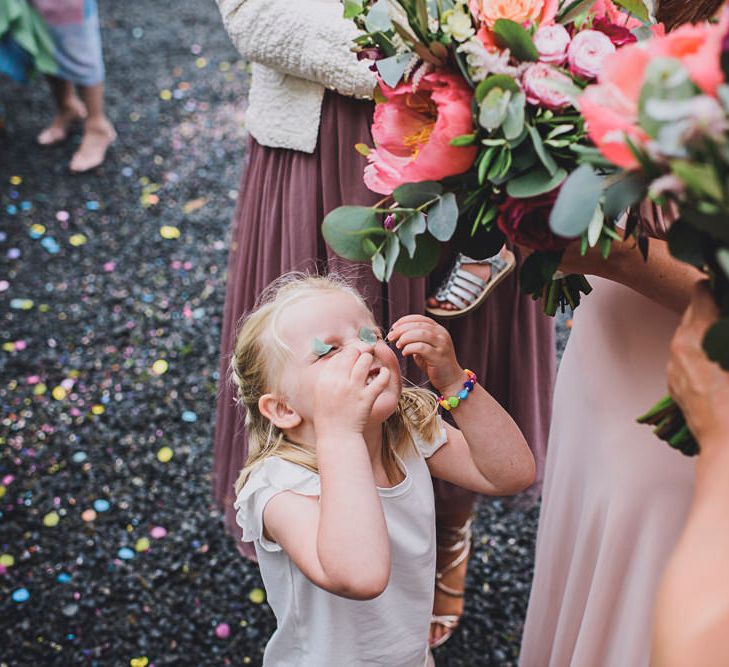 Colourful Bridal Bouquet | Bride in MiaMia Spagetti Strap Bridal Gown  | DIY Bright Family Wedding at Plas Glansevin in Carmarthenshire, Wales |  O&amp; C Photography