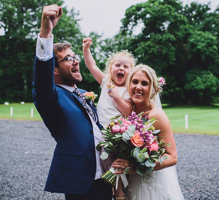 Family Portrait | Bride in MiaMia Spagetti Strap Bridal Gown | Groom in Next 3-piece Suit | DIY Bright Family Wedding at Plas Glansevin in Carmarthenshire, Wales |  O&amp; C Photography