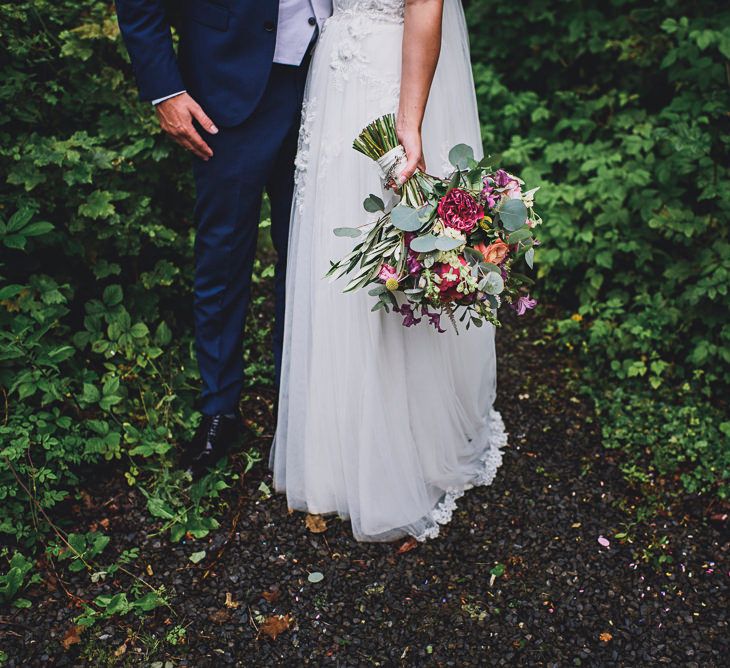 Colourful Bouquet | Bride in MiaMia Spagetti Strap Bridal Gown | Groom in Next 3-piece Suit | DIY Bright Family Wedding at Plas Glansevin in Carmarthenshire, Wales |  O&amp; C Photography