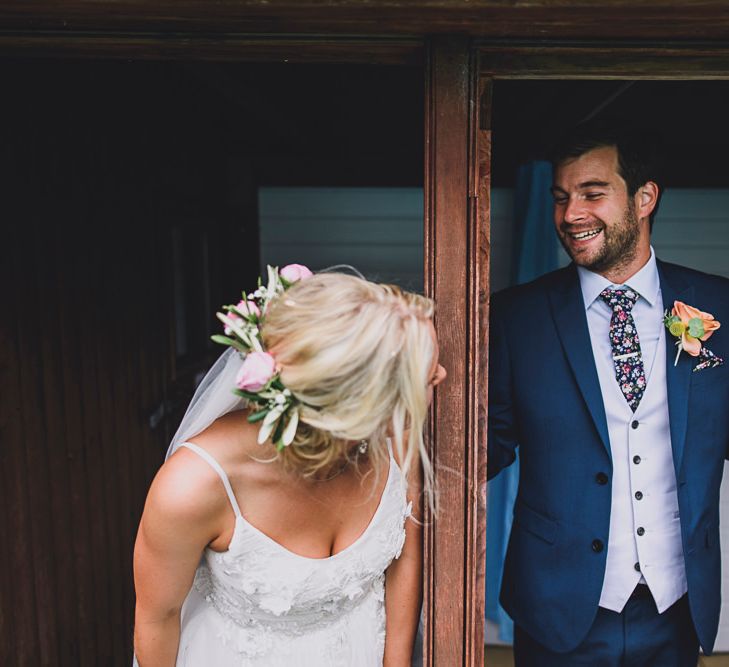 Bride in MiaMia Spagetti Strap Bridal Gown | Groom in Next 3-piece Suit | DIY Bright Family Wedding at Plas Glansevin in Carmarthenshire, Wales |  O&amp; C Photography