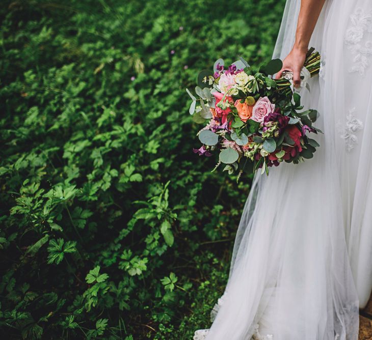 Colourful Bridal Bouquet | Bride in MiaMia Spagetti Strap Bridal Gown | Groom in Next 3-piece Suit | DIY Bright Family Wedding at Plas Glansevin in Carmarthenshire, Wales |  O&amp; C Photography