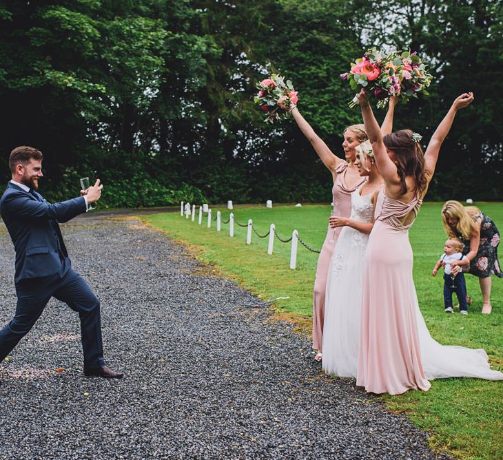 Bridesmaids in Pink ASOS Dresses | DIY Bright Family Wedding at Plas Glansevin in Carmarthenshire, Wales |  O&amp; C Photography