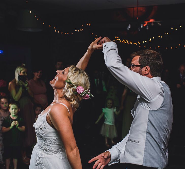 First Dance | Bride in MiaMia Spagetti Strap Bridal Gown | Groom in Next 3-piece Suit | DIY Bright Family Wedding at Plas Glansevin in Carmarthenshire, Wales |  O&amp; C Photography