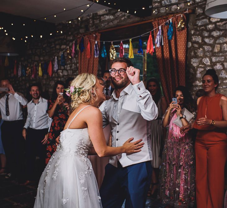 First Dance | Bride in MiaMia Spagetti Strap Bridal Gown | Groom in Next 3-piece Suit | DIY Bright Family Wedding at Plas Glansevin in Carmarthenshire, Wales |  O&amp; C Photography