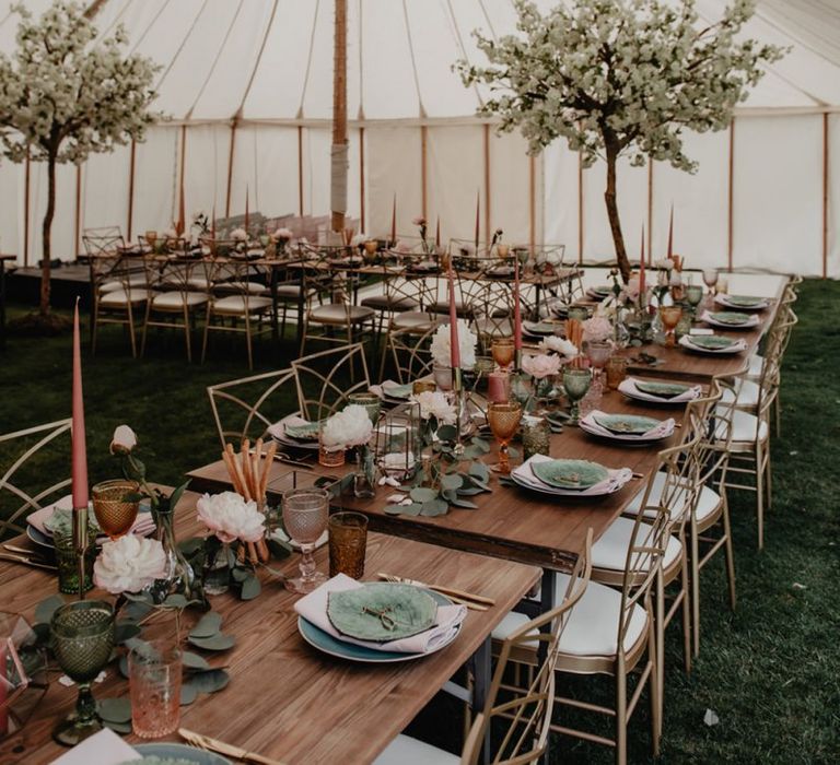 Cherry Blossom wedding decor in marquee