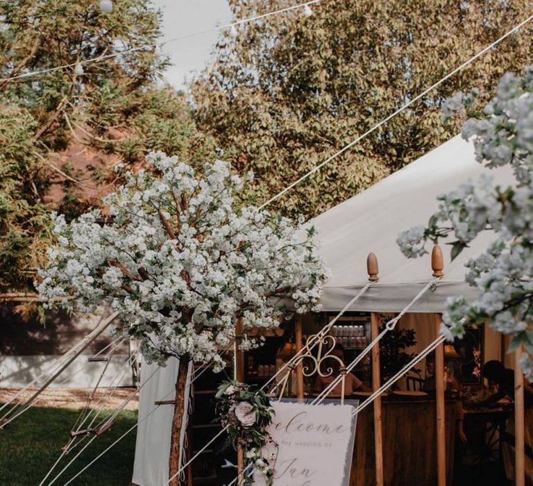 Acrylic wedding sign and blossom trees at marquee entrance with Prosecco wall