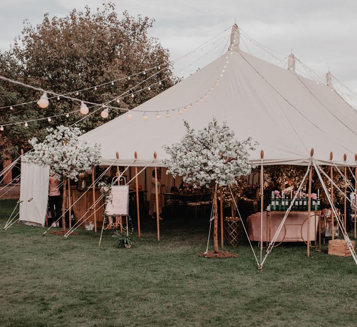 Wedding marquee in garden with cherry blossom trees