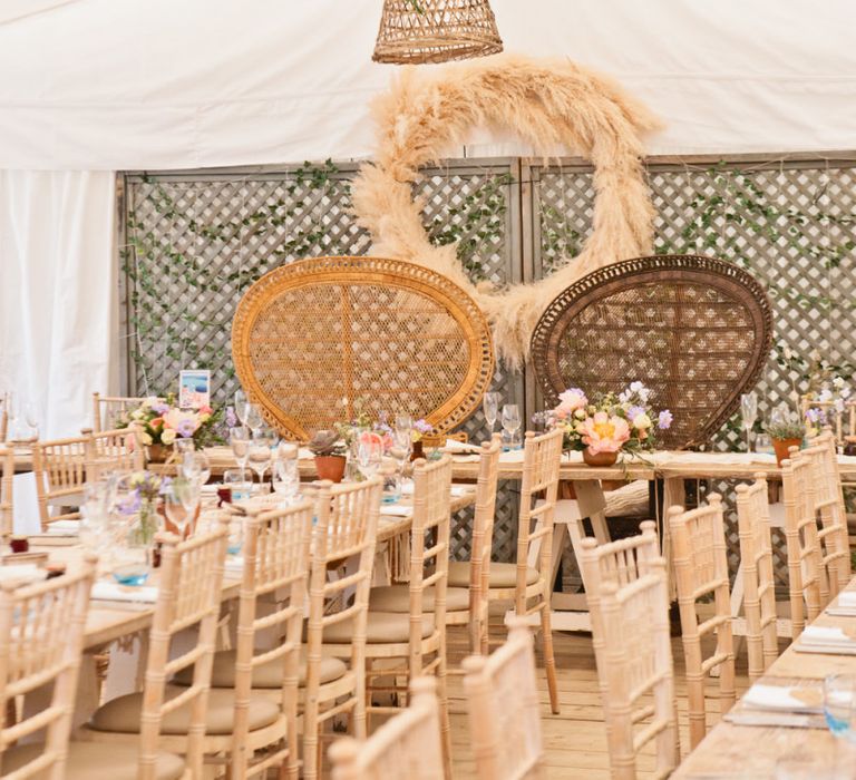 Peacock Chairs, Pampas Grass Hoop, and Rope and Wicker Lamp Shade Installation