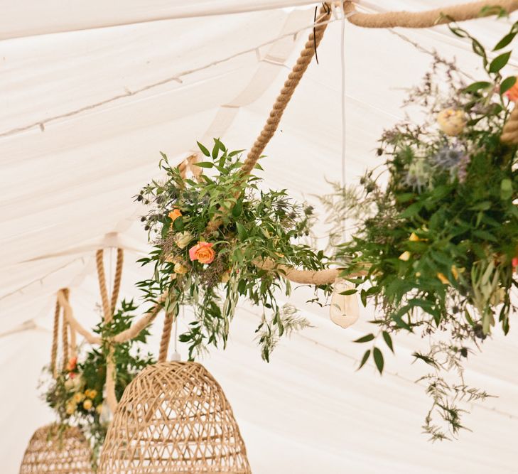 Rope and Wicker Lamp Shade Hanging Installation with Wild Flowers