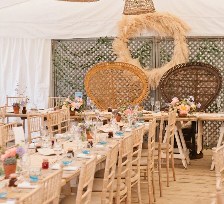 Trellis, Peacock Chairs and Pampas Grass Hoop Top Table Backdrop