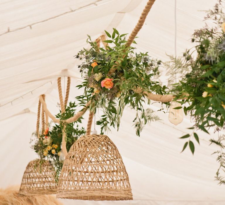 Hanging Installation with Rope, Wicker Lampshades and Wildflowers