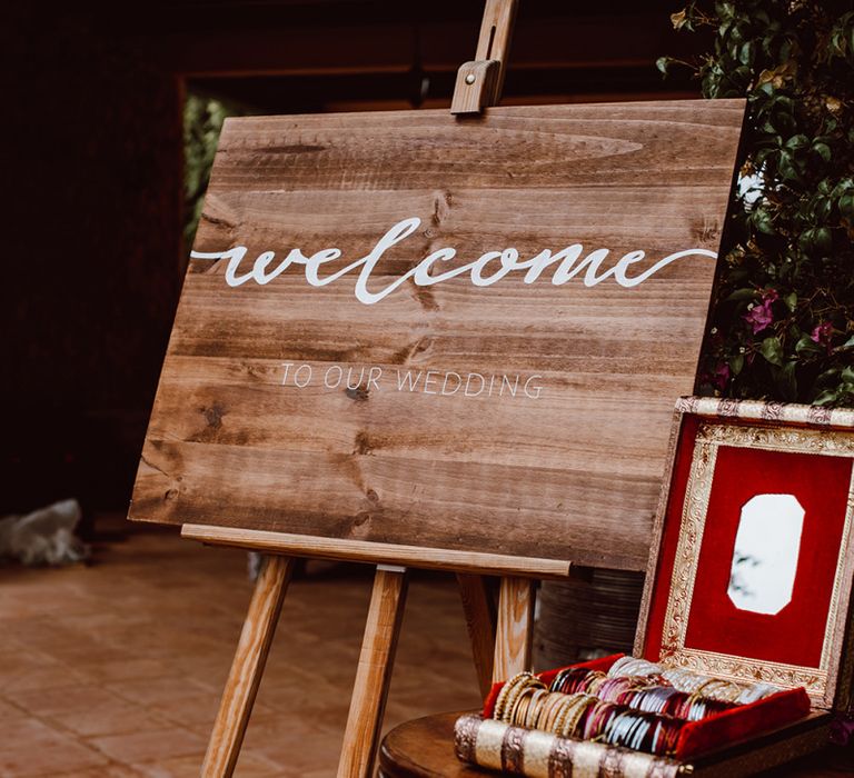 Wooden signs at destination First Dates wedding