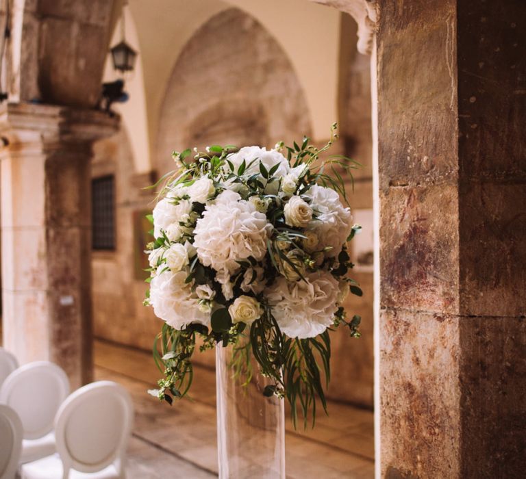 Tall White Wedding Reception Flowers with Hydrangeas  and Roses