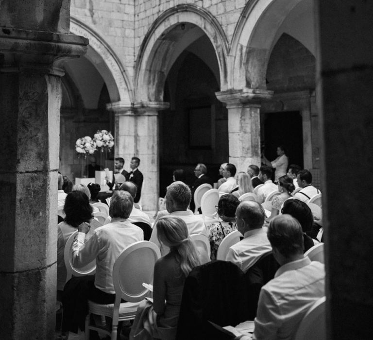 Black and White Portrait of Wedding Ceremony at 16 Century Palace in Croatia