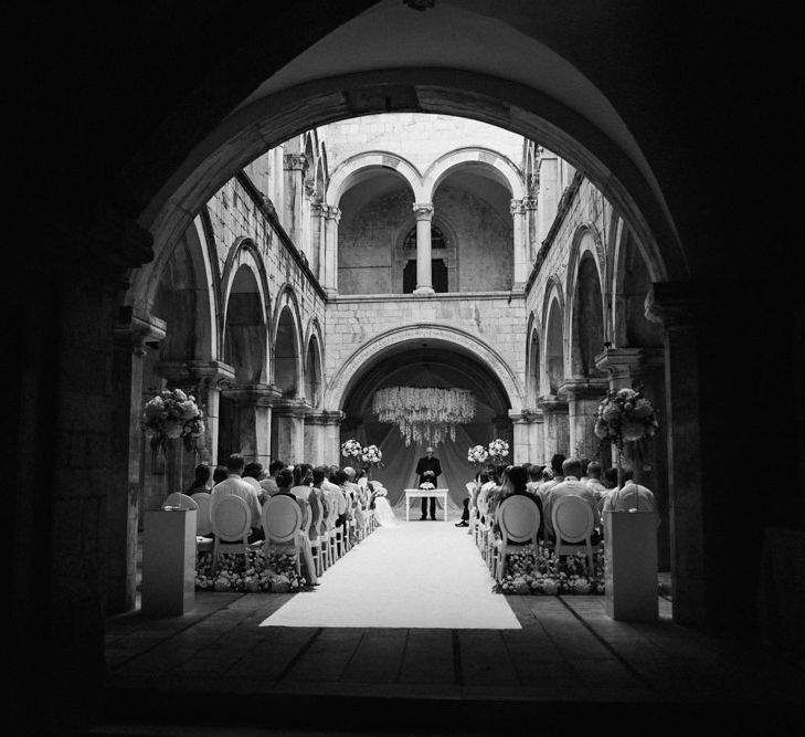 Black and White Portrait of Wedding Ceremony Altar at 16 Century Palace in Croatia