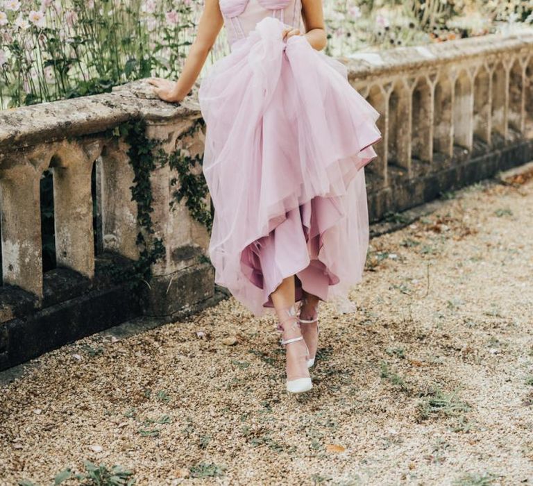 Beautiful Bride in Pink Tulle Wedding Dress with Fitted Bodice and Straps