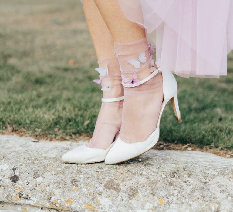 Ankle Strap Court Shoes with Butterfly Embellished Socks