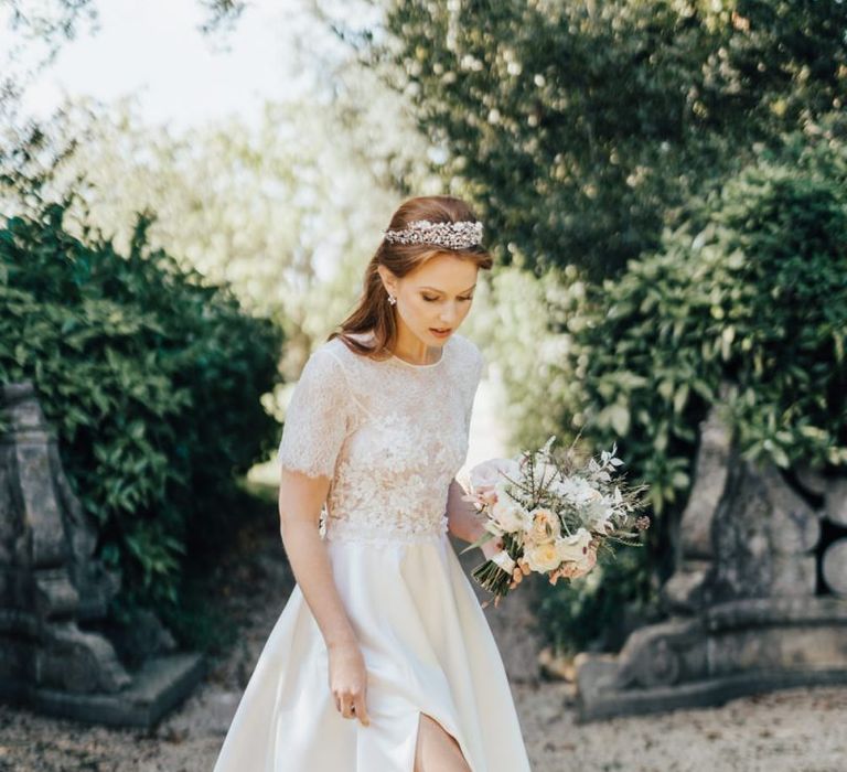 Front Split Wedding Dress with Delicate Crown Headdress