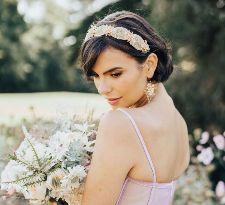 Bride in Embellished Alice Band with Matching Earrings