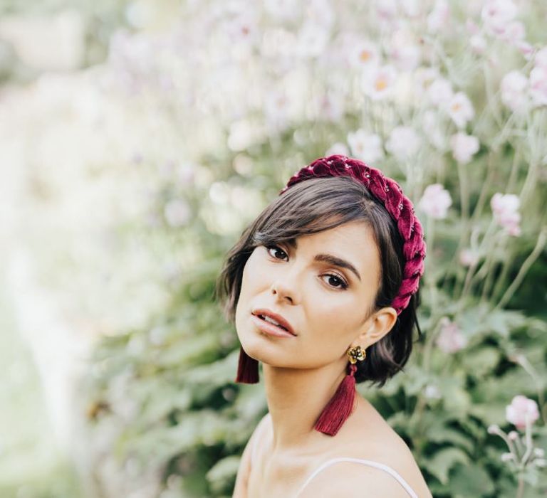 Bride with Bob Hair &amp; Side Fringe Wearing a Deep Red Plush Headband