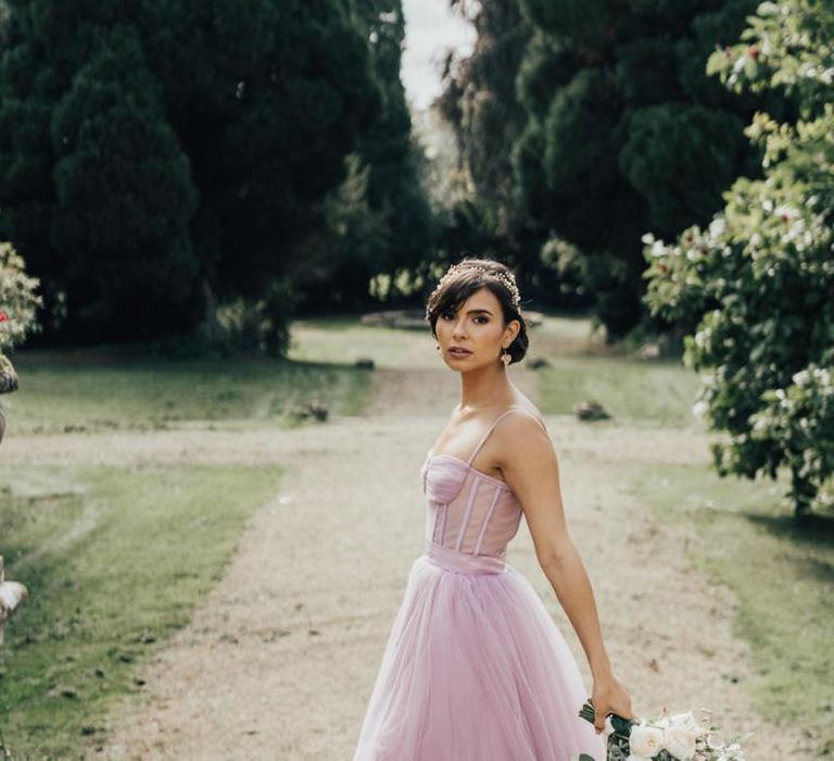 Beautiful Bride Wearing a Coloured Tulle Wedding Dress and Embellished Alice Band Hair Accessory