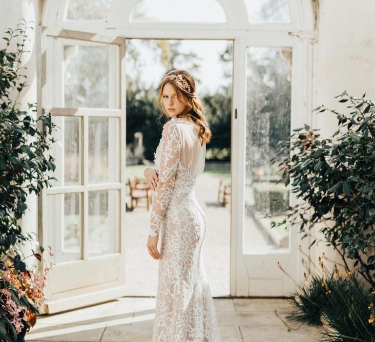 Bride in Lace Emma Beaumont Wedding Dress Wearing a Rose Gold Headdress