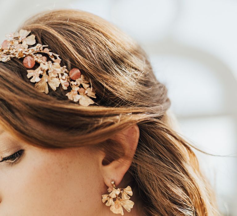 Intricate Rose Gold and Gold Bridal Headdress and Matching Earrings