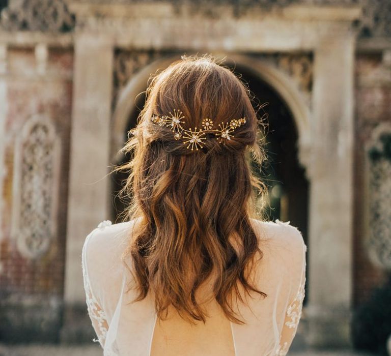 Half Up Half Down Wedding Hair with Gold Star Bridal Hair Clips