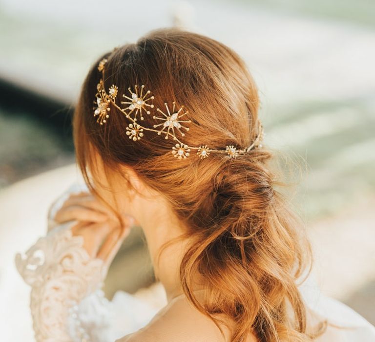 Twisted Ponytail Bridal Hair with Gold Star Wedding Hair Accessory