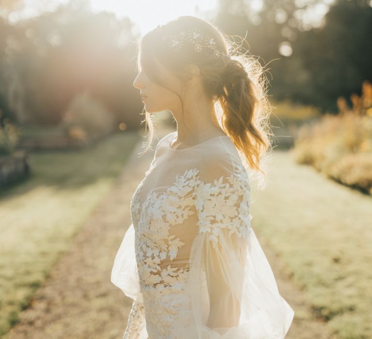 Golden Hour Portrait with Bride in Lace Emma Beaumont Wedding Dress with Long Sleeves