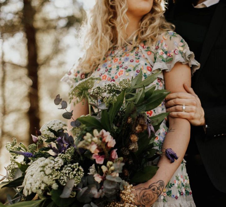 Natural Woodland Highland Bride Inspiration at Loch Lomond, Scotland | Needle &amp; Thread Floral Dress | Oversized Bridal Bouquet | Lyndsey Anne Photography