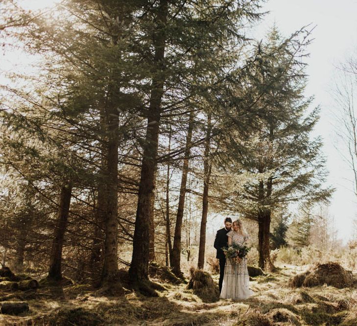 Natural Woodland Highland Bride Inspiration at Loch Lomond, Scotland | Needle &amp; Thread Floral Dress | Oversized Bridal Bouquet | Lyndsey Anne Photography