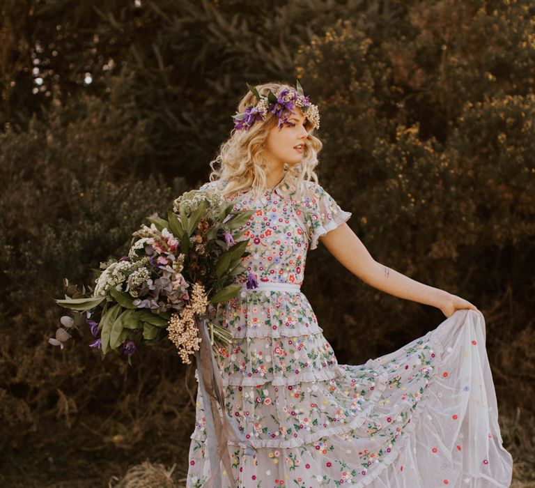 Natural Woodland Highland Bride Inspiration at Loch Lomond, Scotland | Needle &amp; Thread Floral Dress | Oversized Bridal Bouquet | Lyndsey Anne Photography