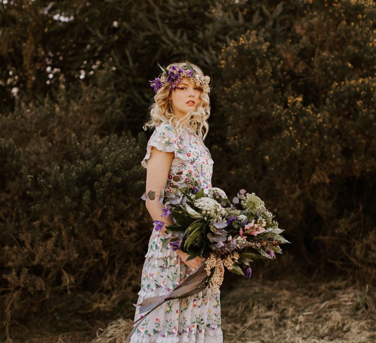 Natural Woodland Highland Bride Inspiration at Loch Lomond, Scotland | Needle &amp; Thread Floral Dress | Oversized Bridal Bouquet | Lyndsey Anne Photography