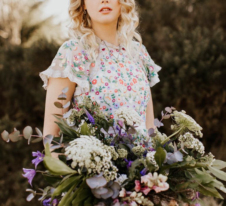 Natural Woodland Highland Bride Inspiration at Loch Lomond, Scotland | Needle &amp; Thread Floral Dress | Oversized Bridal Bouquet | Lyndsey Anne Photography