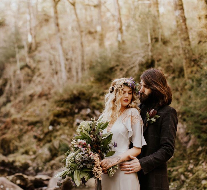 Natural Woodland Highland Bride Inspiration at Loch Lomond, Scotland | ASOS Batwing Dress | Oversized Bridal Bouquet | Lyndsey Anne Photography