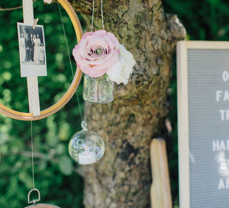 How to create a simple DIY Family Tree with wedding photos using embroidery hoops, ribbon, polaroid photos, mini pegs and flowers