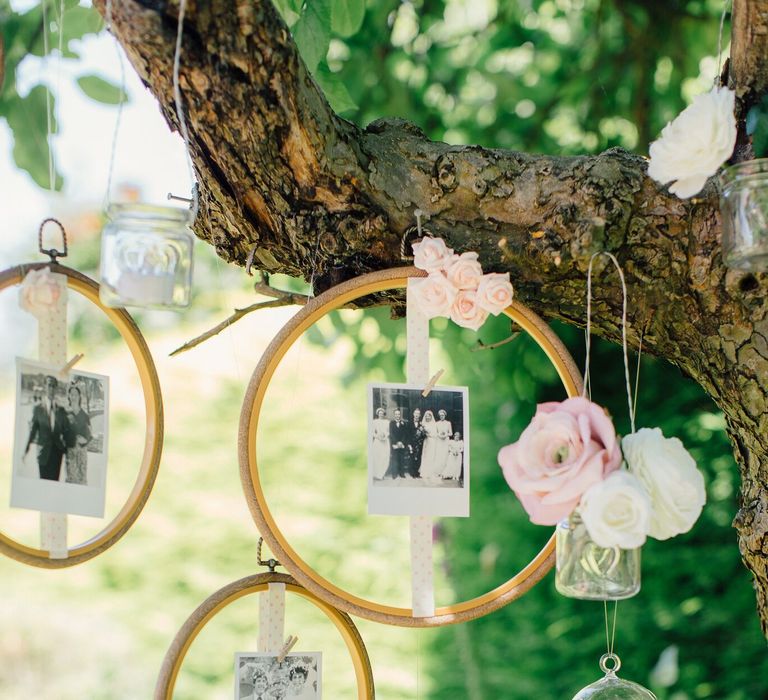 How to create a simple DIY Family Tree with wedding photos using embroidery hoops, ribbon, polaroid photos, mini pegs and flowers