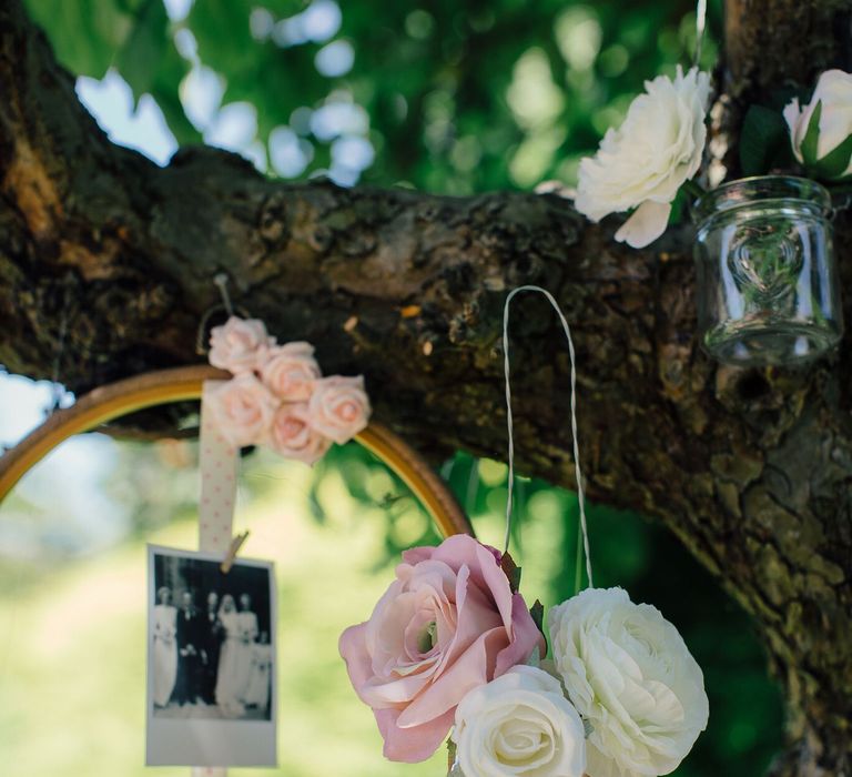 How to create a simple DIY Family Tree with wedding photos using embroidery hoops, ribbon, polaroid photos, mini pegs and flowers