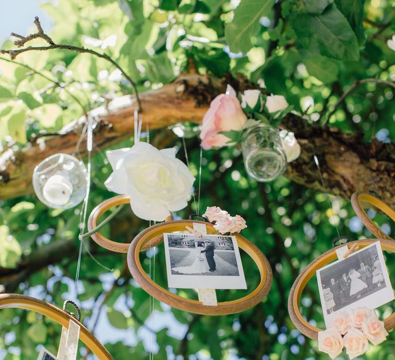 How to create a simple DIY Family Tree with wedding photos using embroidery hoops, ribbon, polaroid photos, mini pegs and flowers