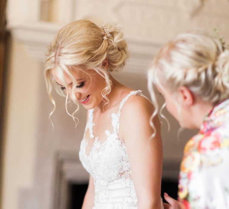 Wedding Morning Bridal Preparations with Bride in Lace Wedding Dress